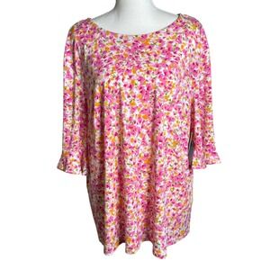 CeCe NWT Floral Blouse Pink Yellow Flutter Sleeve Keyhole Back Flowy Top Sz XXL